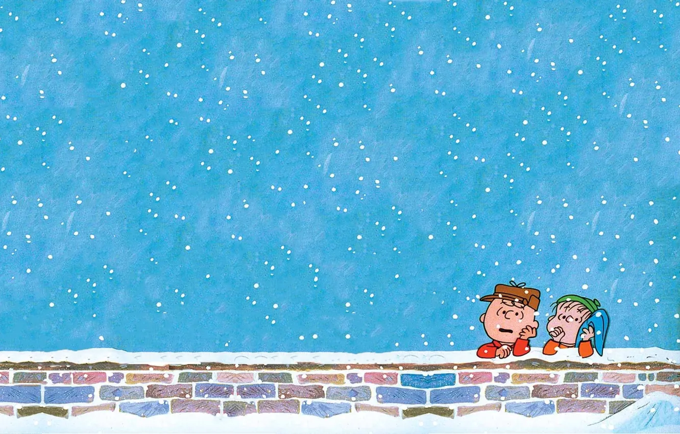 Photo wallpaper snow, wall, brick, boy, Christmas, Christmas, Charlie Brown, Charlie Brown