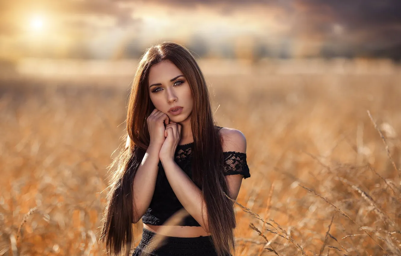Photo wallpaper field, look, hands, long hair, bokeh, Alessandro Di Cicco, Simona Hyun