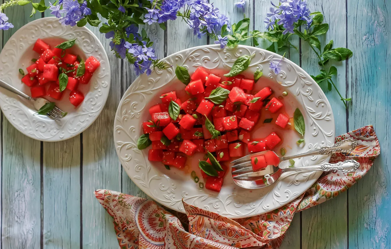 Photo wallpaper flowers, watermelon, plate, pieces