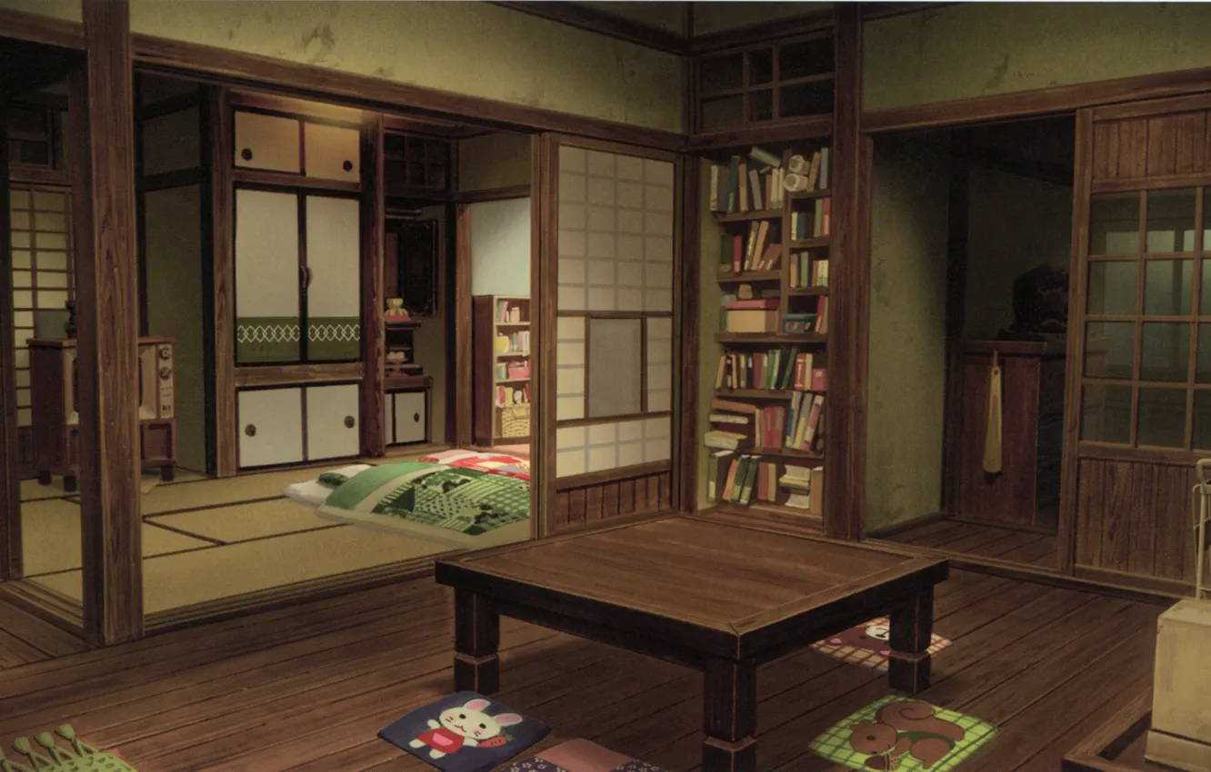 Photo wallpaper table, books, Japan, bed, bedroom, living room, cabinets, tatami