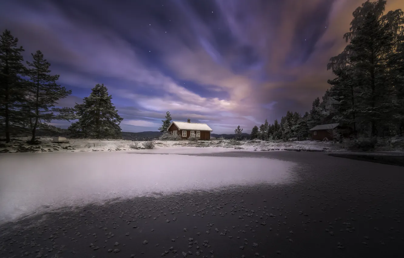 Photo wallpaper stars, clouds, trees, night, home, Frozen lake