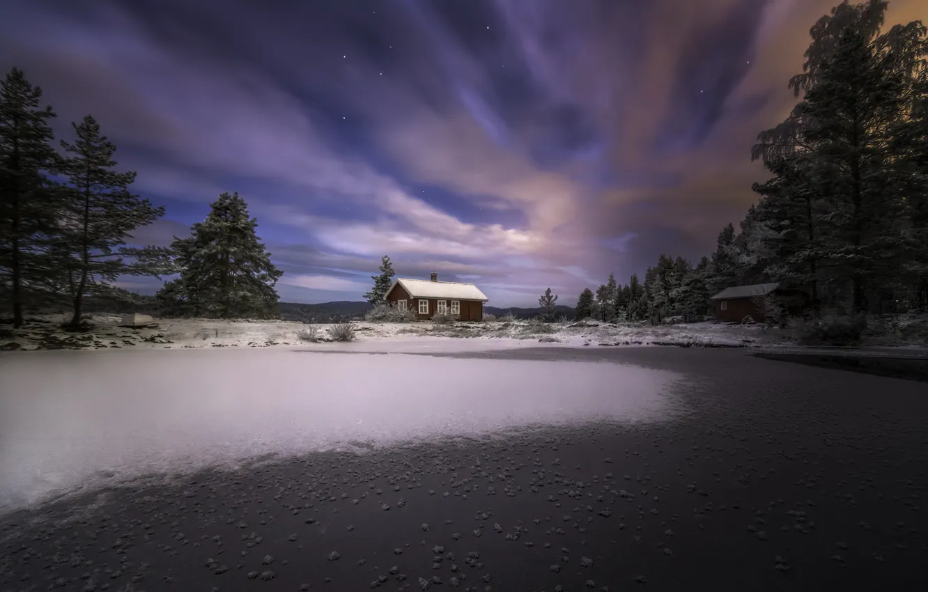 Photo wallpaper stars, clouds, trees, night, house, frozen lake