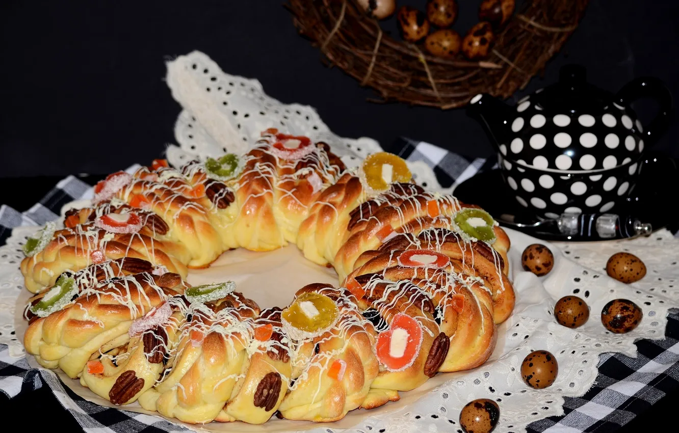 Photo wallpaper kettle, nuts, cake, candied, quail eggs