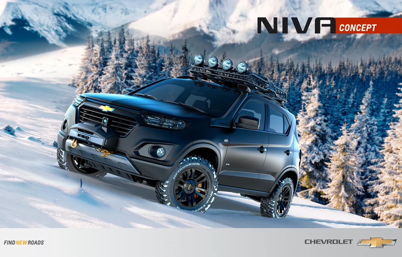 Photo wallpaper forest, snow, mountains, Wallpaper, Chevrolet Niva Concept, Niva Concept