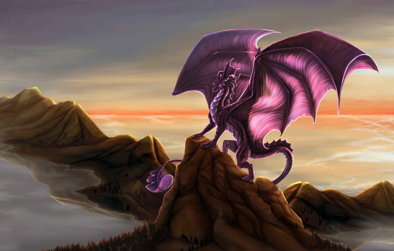 Photo wallpaper wings, rocks, dragon