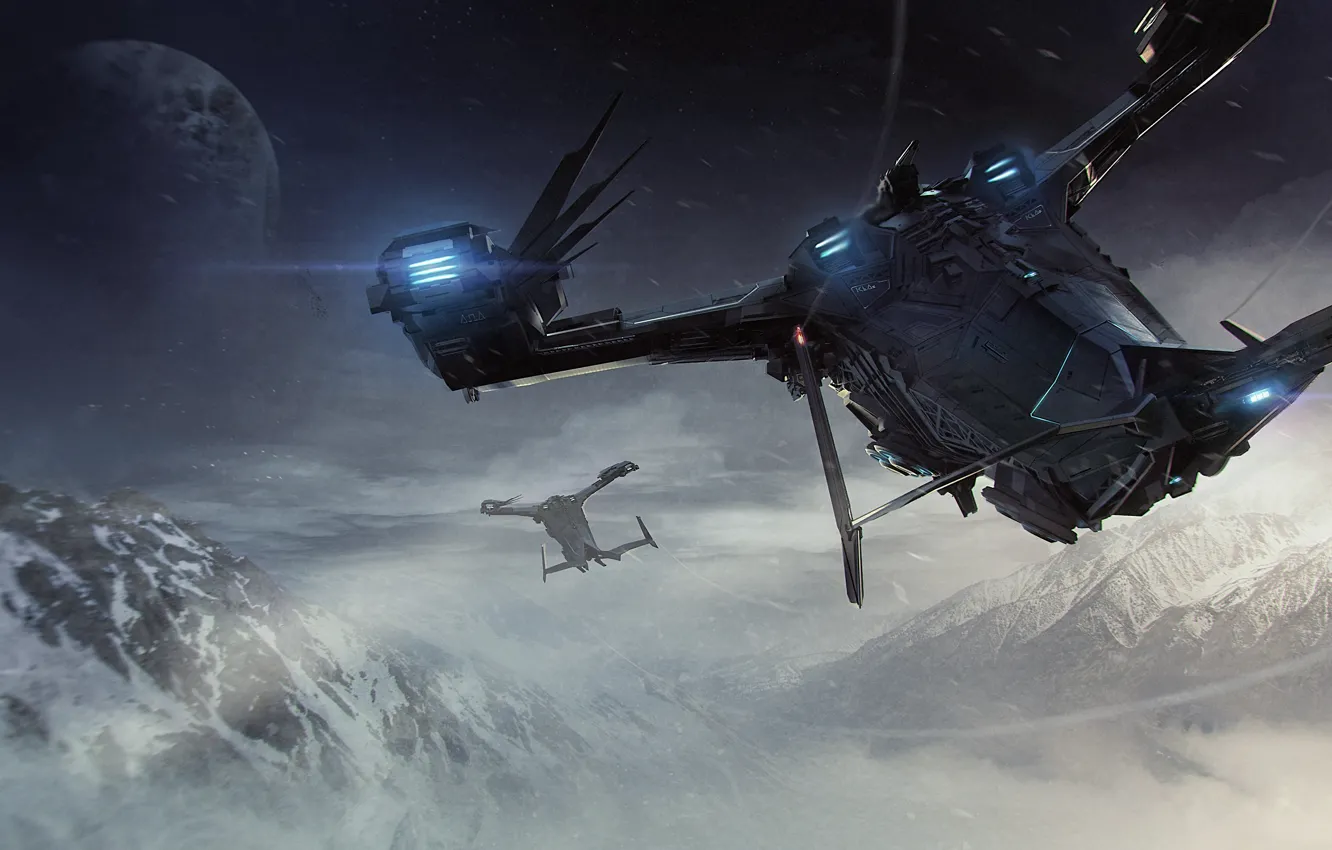 Photo wallpaper mountains, planet, landing, starship, Star Citizen, Esperia Prowler