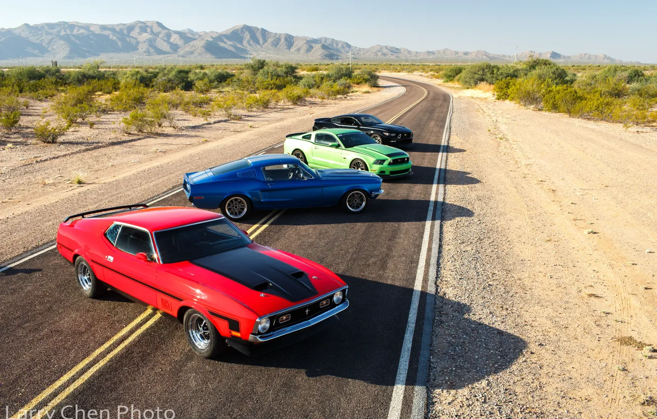 Photo wallpaper road, mountains, blue, red, green, black, desert, Mustang