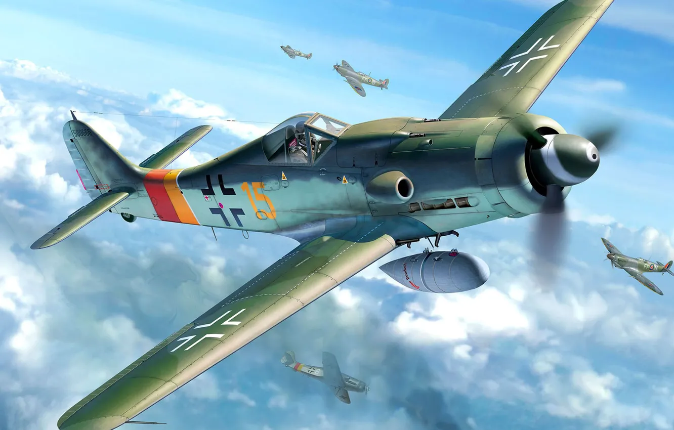 Photo wallpaper Spitfire, Focke-Wulf, Luftwaffe, Shrike, FW-190D-9, piston fighter monoplane, German single-seater single