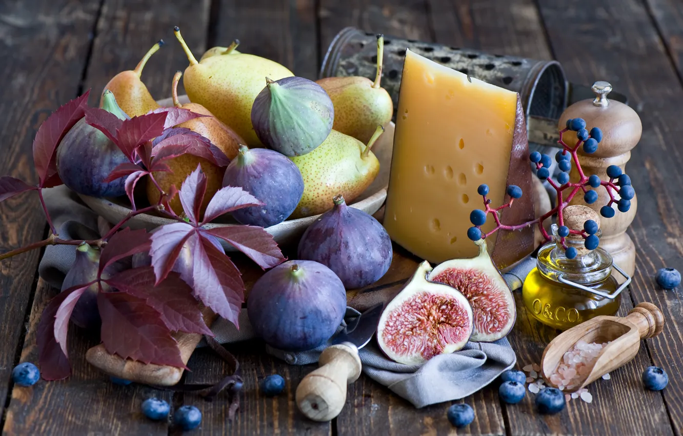 Photo wallpaper leaves, berries, cheese, grapes, still life, pear, blueberries, figs
