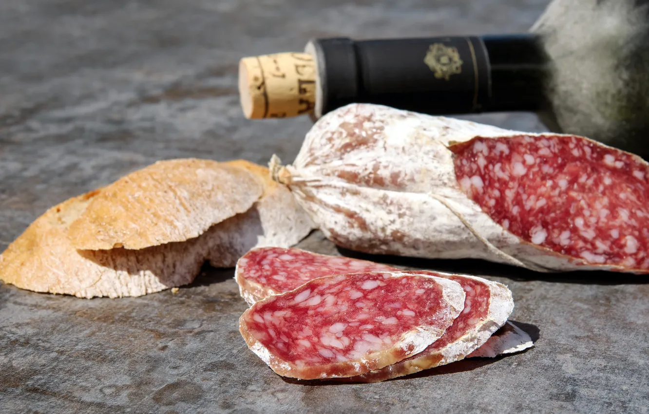 Photo wallpaper wine, bottle, sausage, cutting