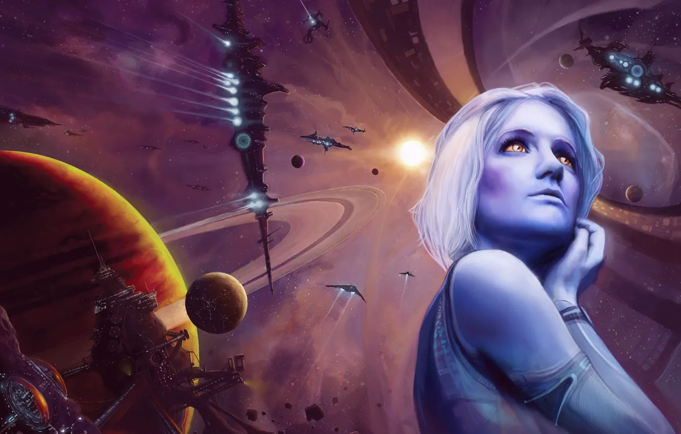 Photo wallpaper look, girl, star, planet, ships, station, Space, blue skin