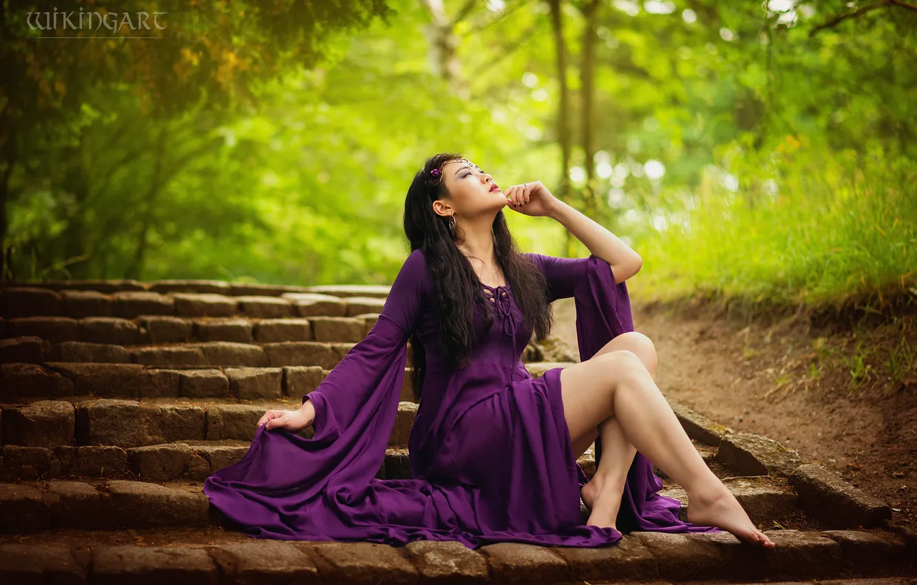 Photo wallpaper greens, purple, girl, decoration, branches, nature, pose, Park