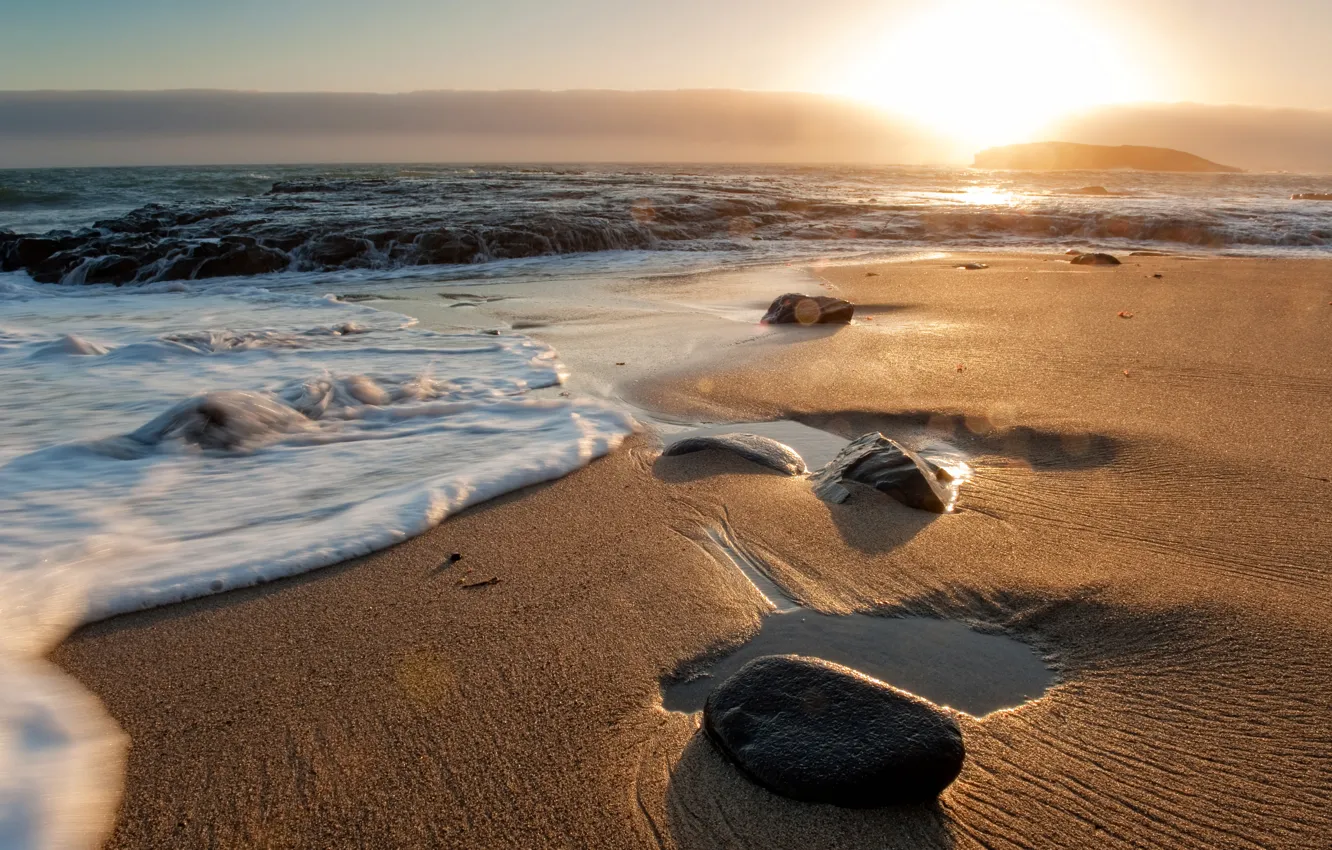 Photo wallpaper sand, sea, sunset, shore, wave