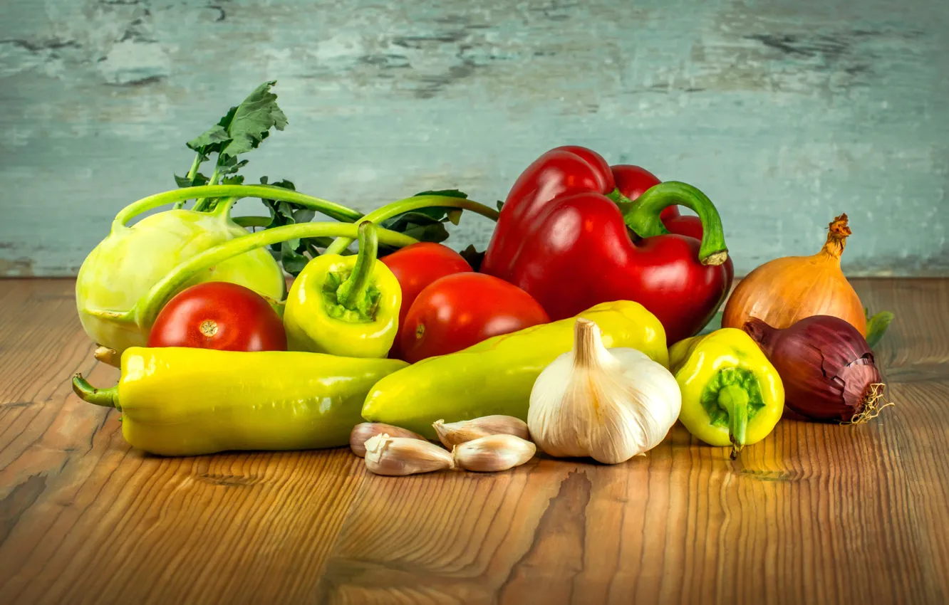 Photo wallpaper bow, pepper, vegetables, tomatoes, garlic, bulb