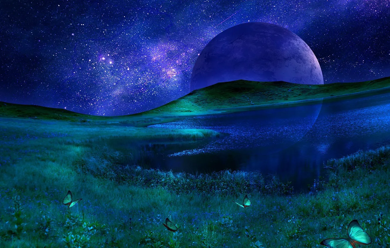 Photo wallpaper the sky, grass, stars, mountains, night, lake, reflection, planet