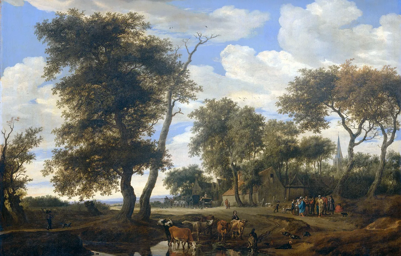 Photo wallpaper landscape, oil, picture, canvas, The Edge Of The Village, Solomon van Ruisdael