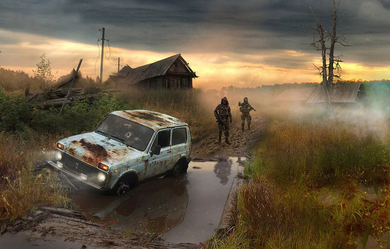 Photo wallpaper people, swamp, village, soldiers, Chernobyl, stalker, area, Niva