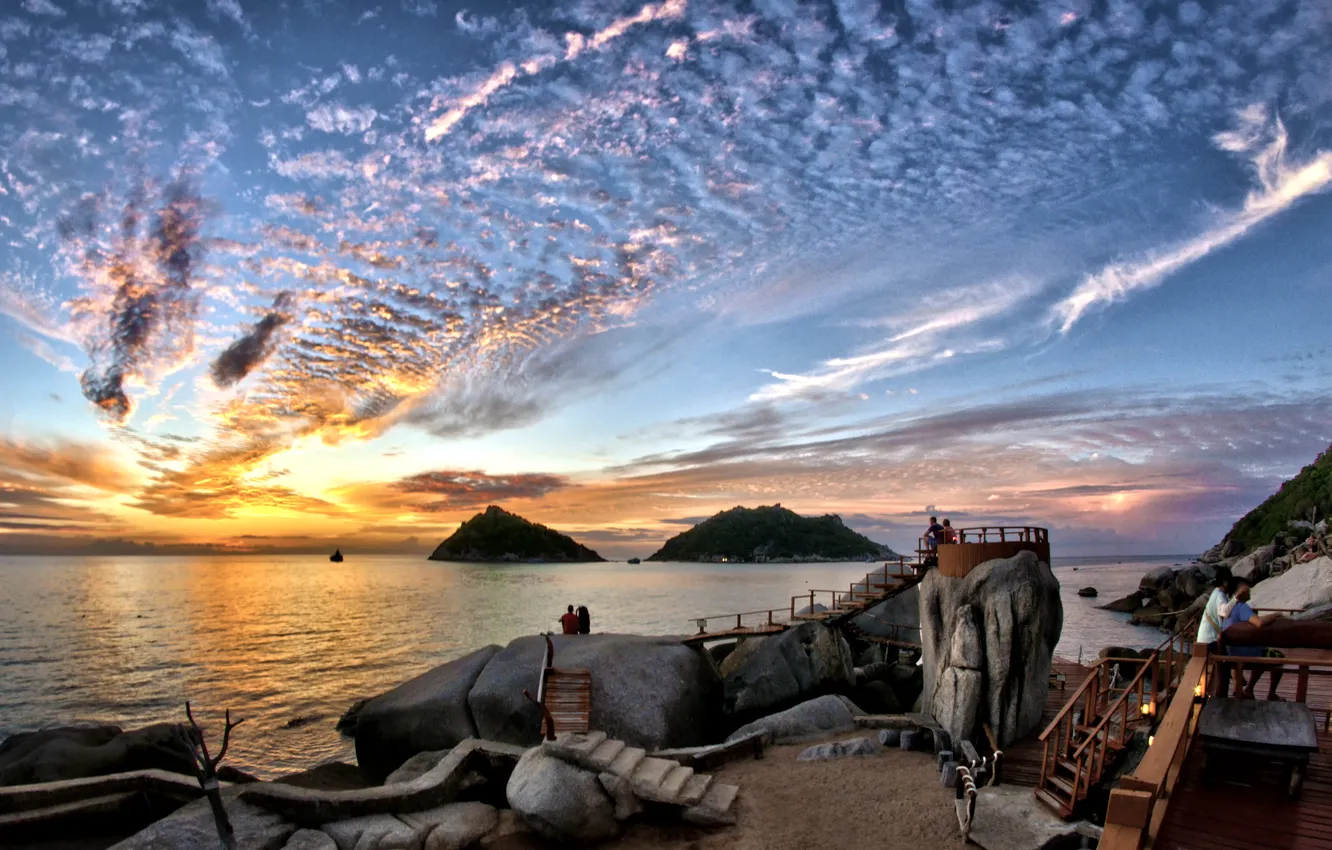 Photo wallpaper the sky, clouds, sunset, stones, shore, the evening, cafe, Thailand