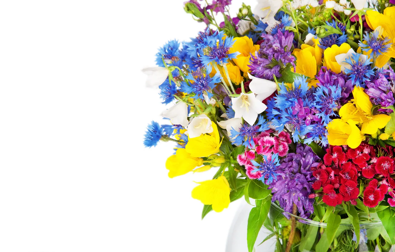 Photo wallpaper flowers, bouquet, bells, field, Cornflowers, clove, alstremeria