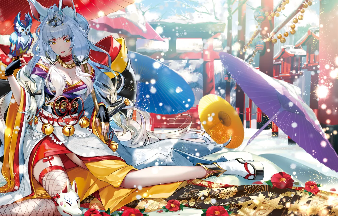 Photo wallpaper girl, owl, sword, umbrella, mask, temple, neko, yukata