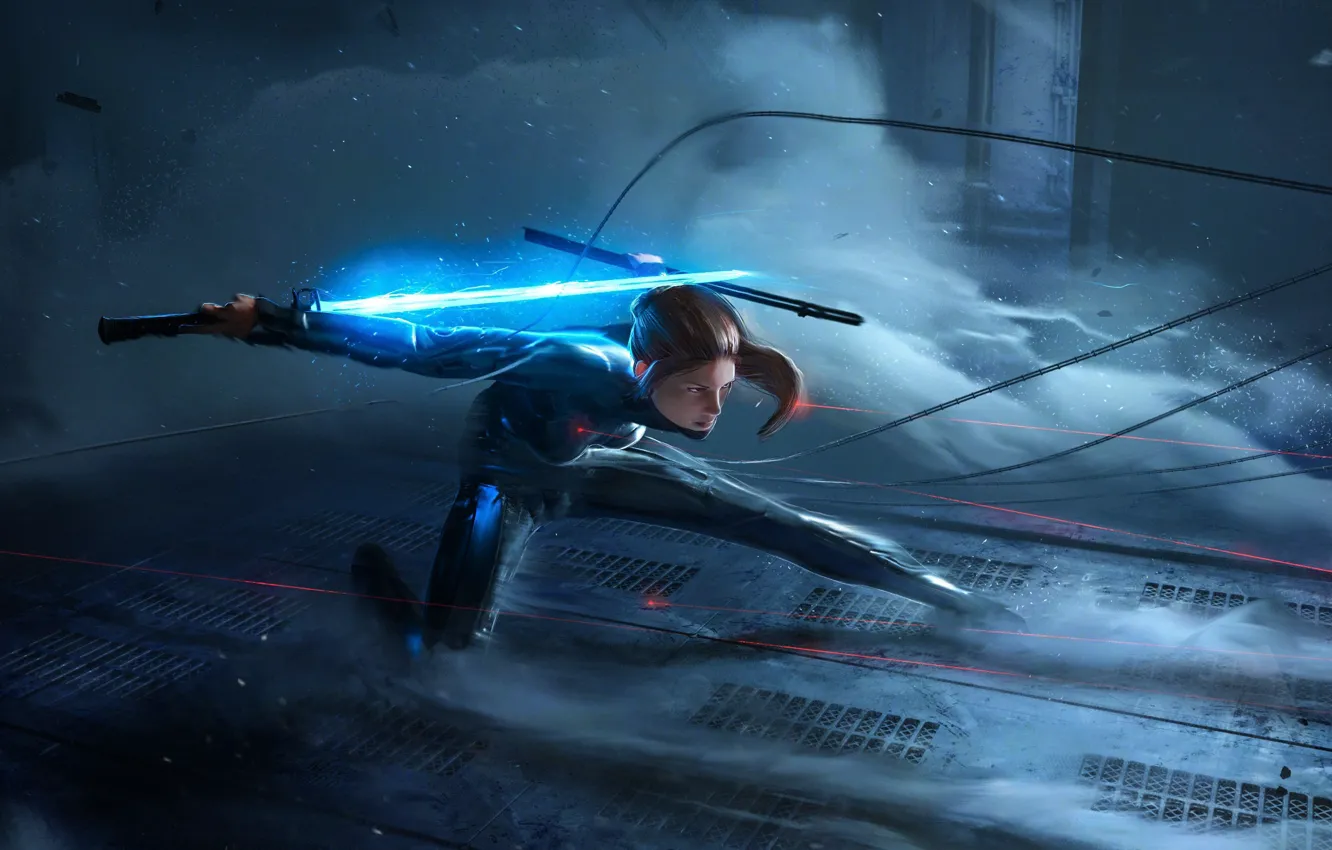 Photo wallpaper girl, sword, fantasy, science fiction, ninja, Cyber, Antoine Collignon, by Antoine Collignon