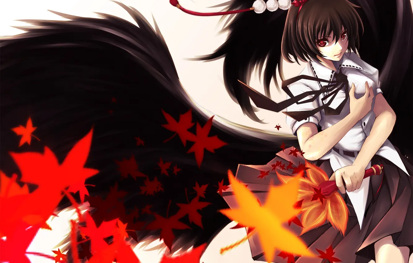 Photo wallpaper look, leaves, girl, wings, gesture, touhou, art, shameimaru aya