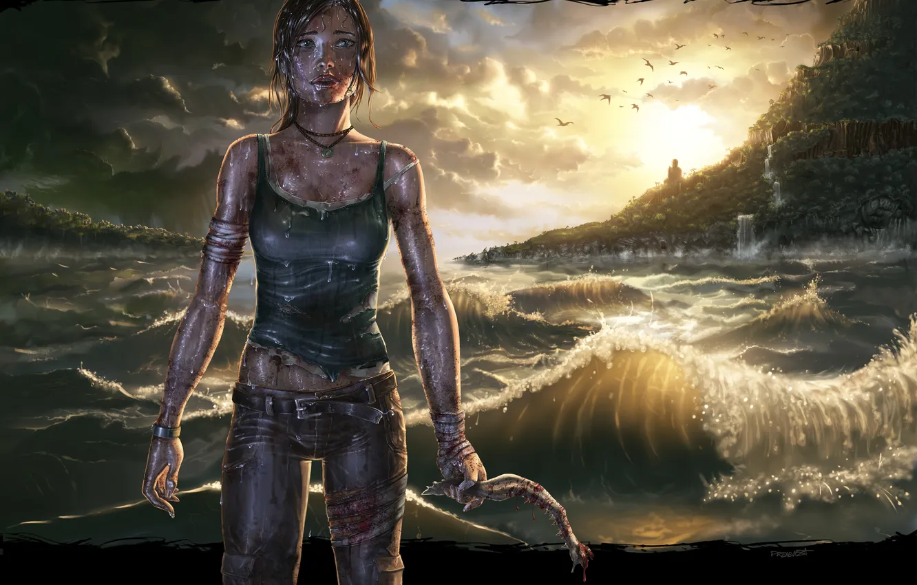 Photo wallpaper sea, wave, Tomb Raider, Lara Croft, Lara Croft