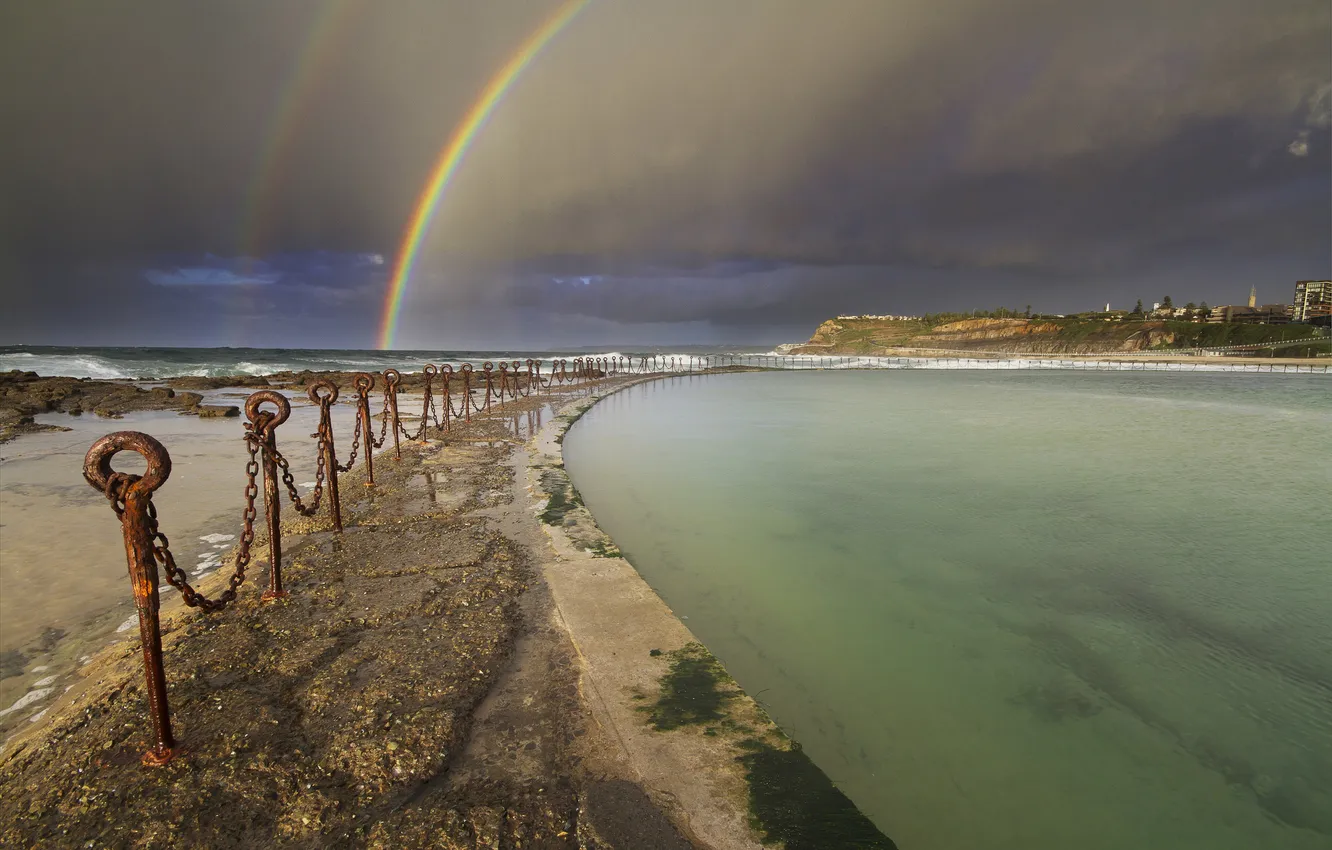 Photo wallpaper sea, the sky, clouds, shore, rainbow, the fence, chain, pierce
