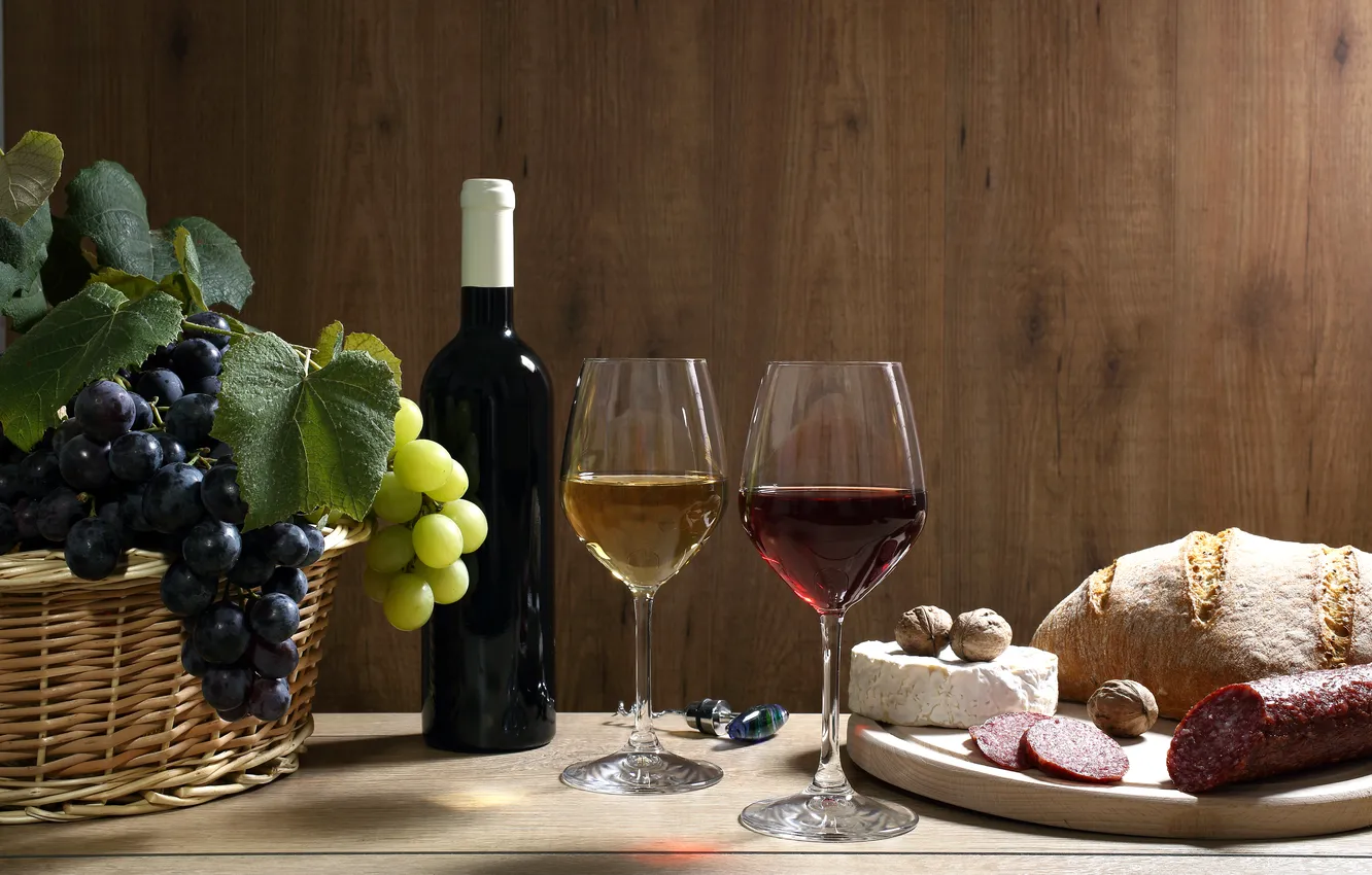 Photo wallpaper green, table, wine, basket, black, bottle, cheese, glasses