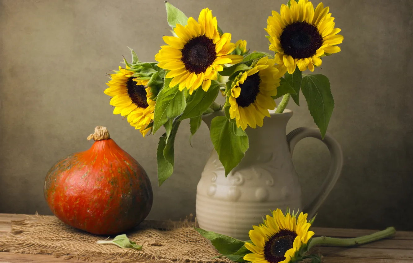 Photo wallpaper flowers, sunflower, pumpkin, vase