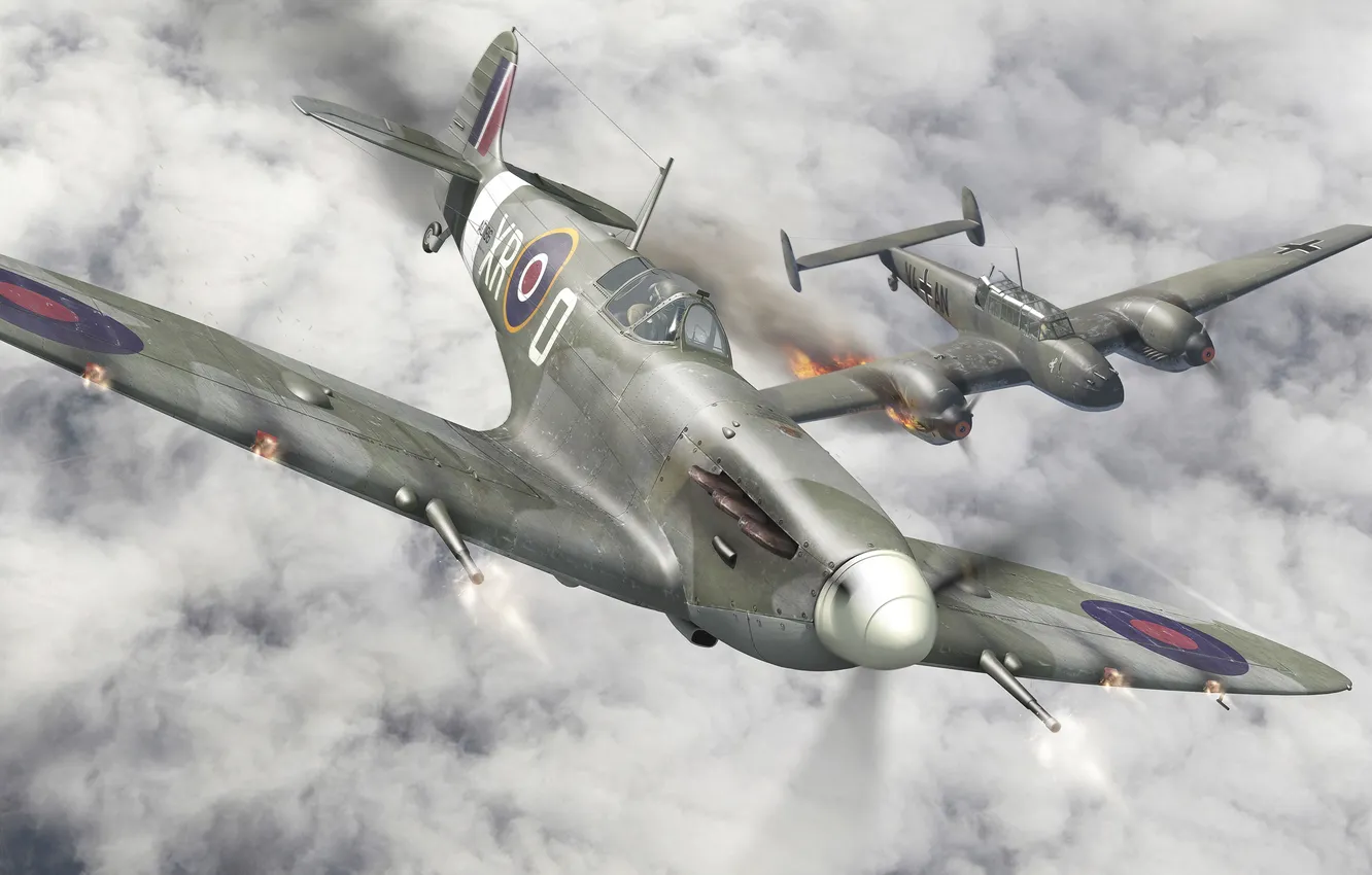 Photo wallpaper aviation, fighter, Messerschmitt, British, lined, Spitfire, dogfight, Bf.110