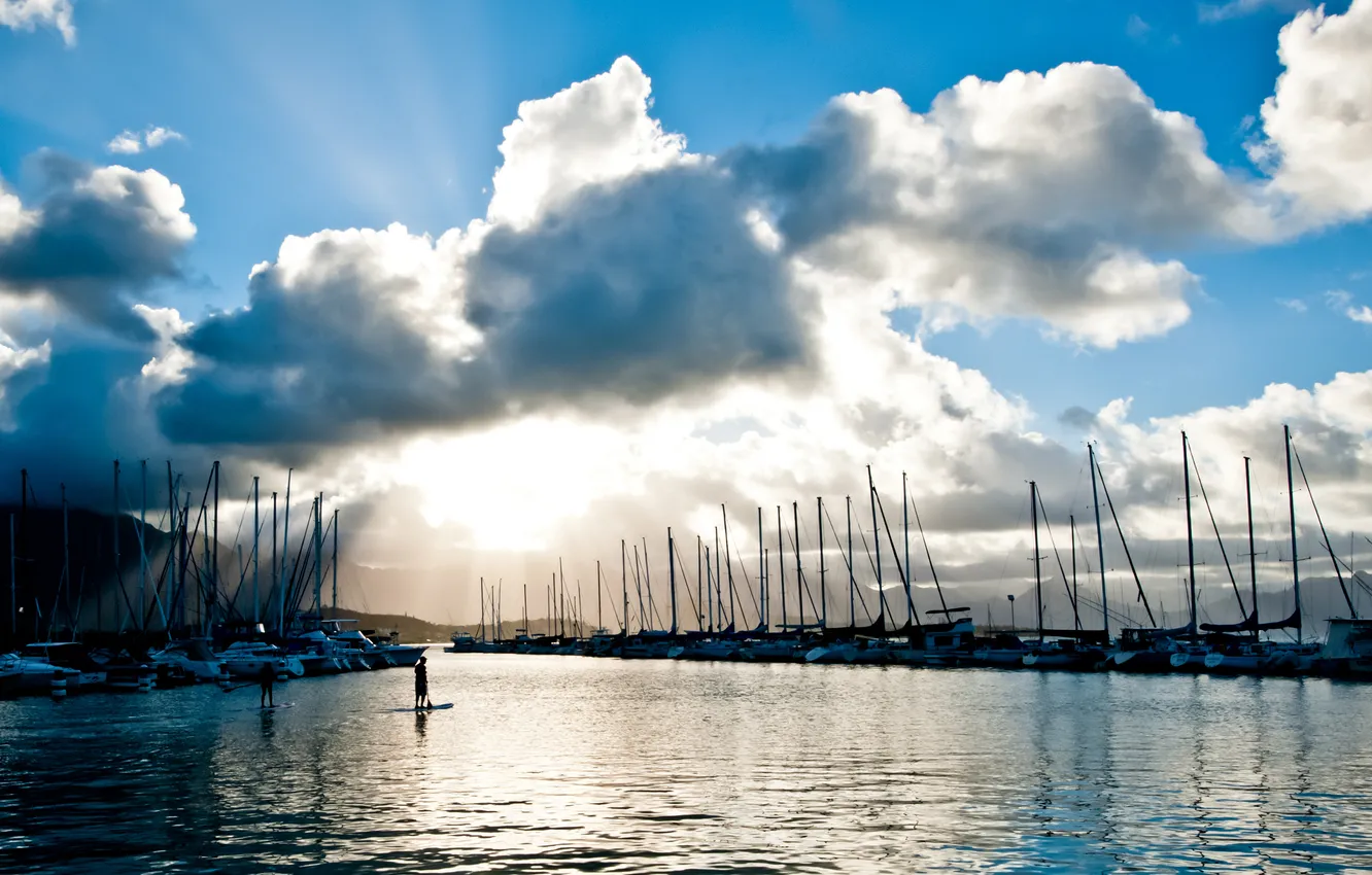 Photo wallpaper sea, the sky, clouds, people, yachts, boats