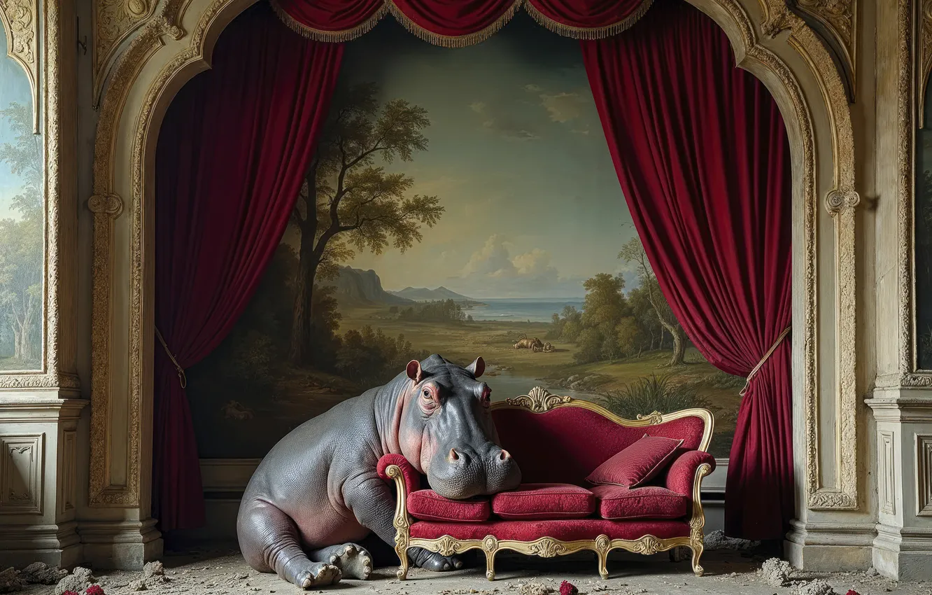 Photo wallpaper sofa, Hippo, AI ART
