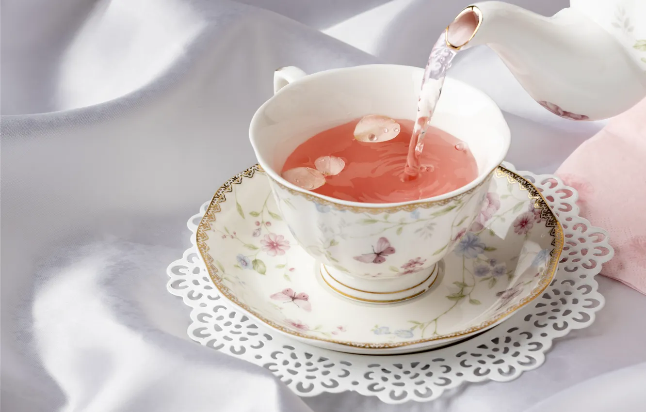 Photo wallpaper flowers, table, tea, tenderness, petals, kettle, the tea party, Cup