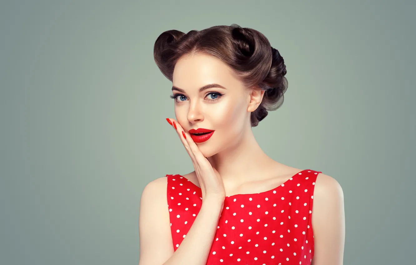 Photo wallpaper girl, red, face, style, retro, model, hair, makeup