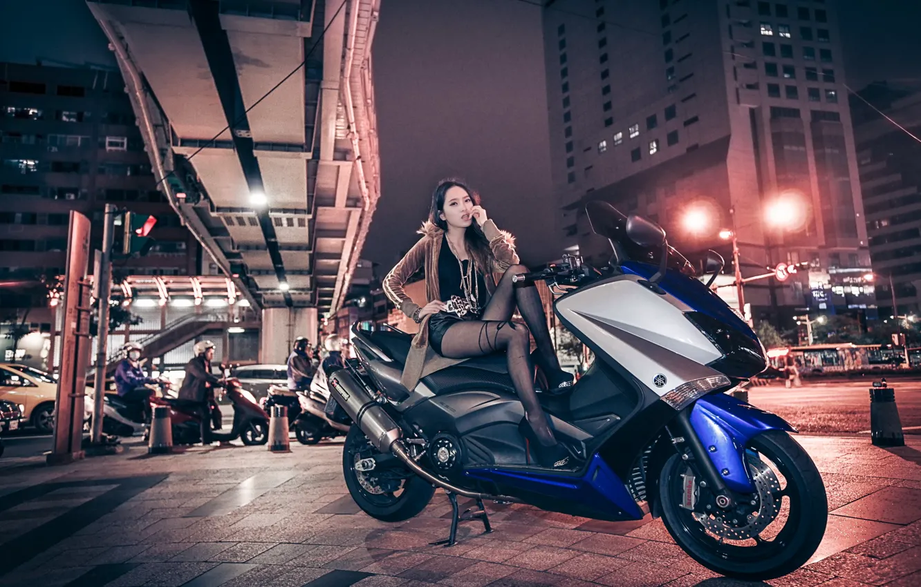 Photo wallpaper girl, street, motorcycle