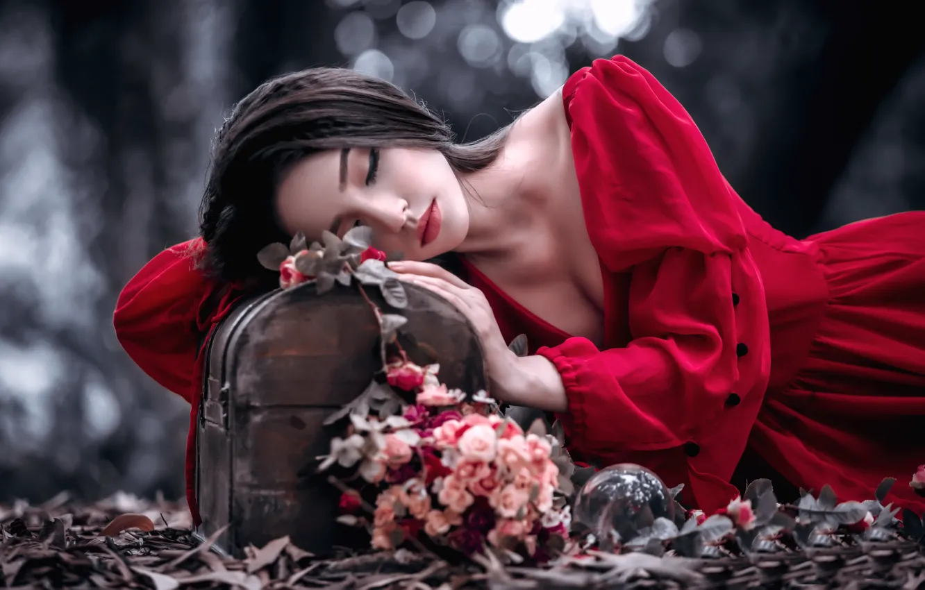 Photo wallpaper girl, flowers, nature