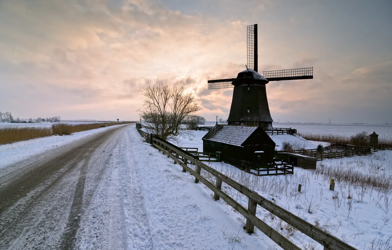 Photo wallpaper winter, road, landscape, sunset, mill