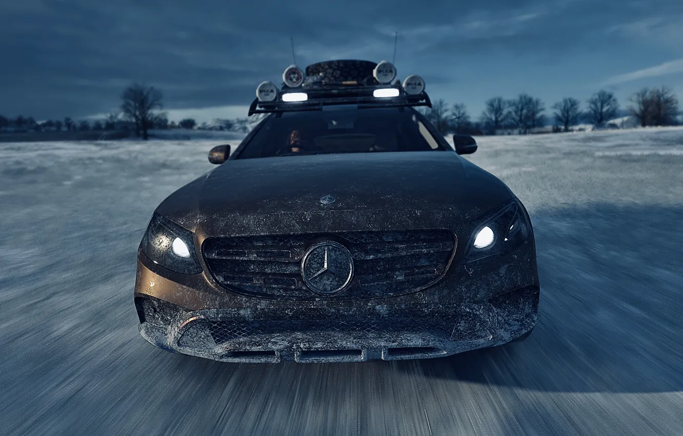 Photo wallpaper HDR, Mercedes, Benz, Clouds, Winter, Landscape, Lights, Snow