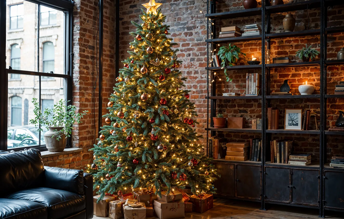 Photo wallpaper room, tree, new year, interior, Christmas, Christmas, view, tree