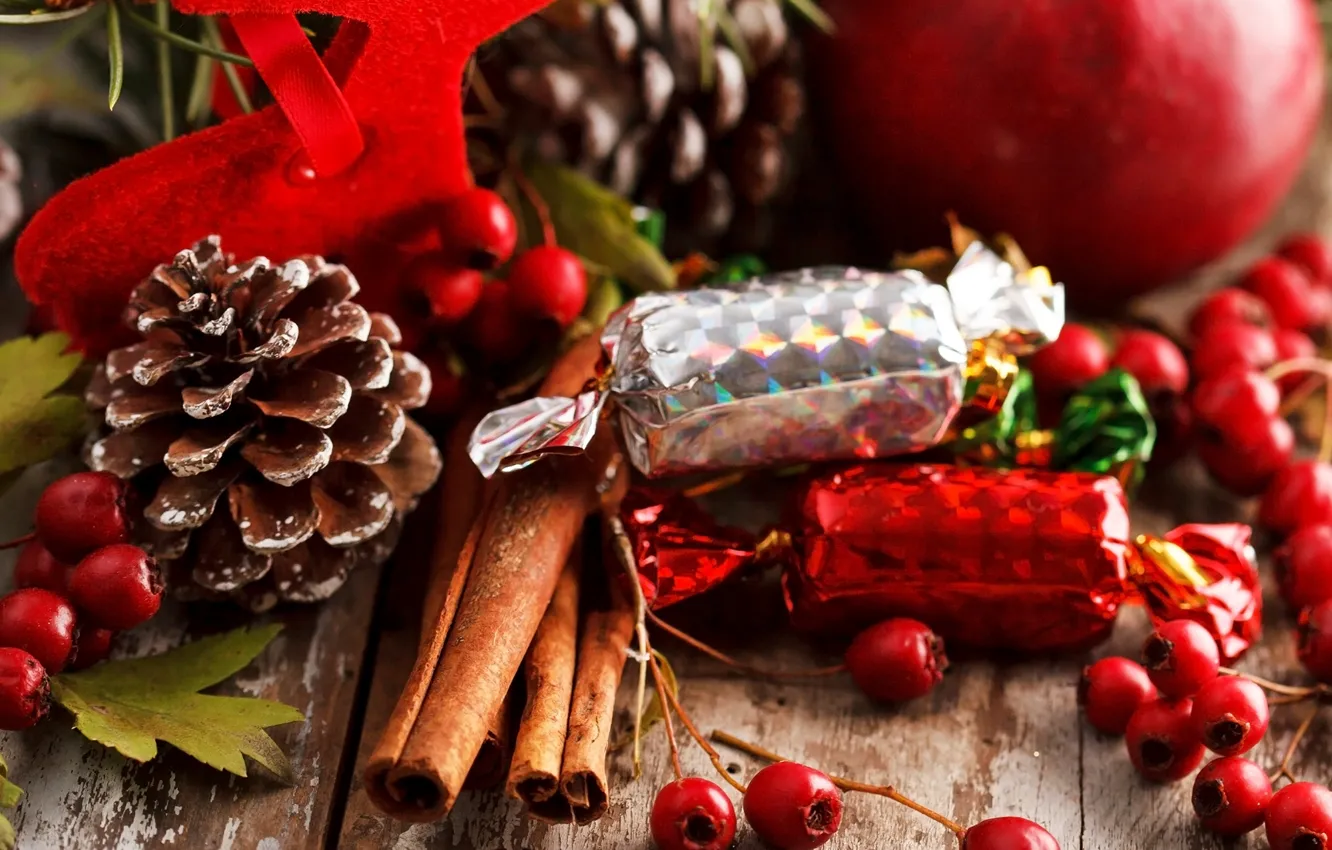 Photo wallpaper berries, Apple, food, sticks, New Year, Christmas, candy, sweets