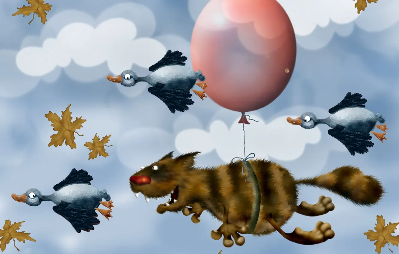 Photo wallpaper the sky, cat, balls, flight, duck, humor