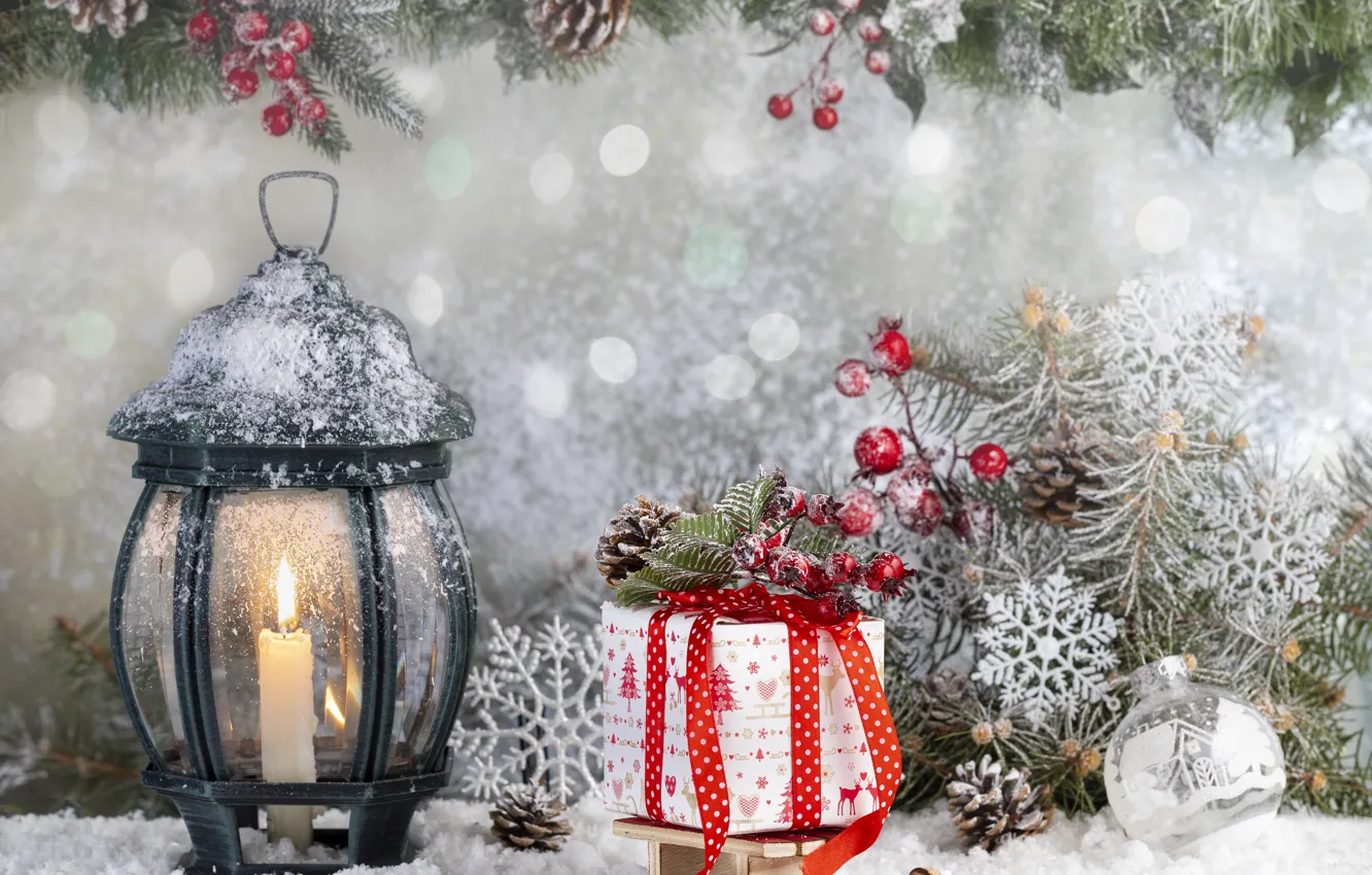 Photo wallpaper winter, snow, branches, toys, ate, Lantern, gifts, New year