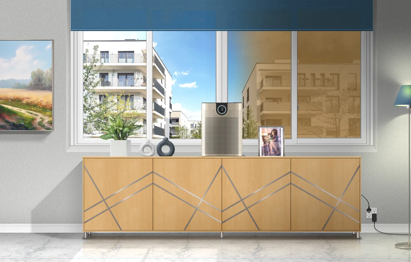 Photo wallpaper living room, vase, Sideboard, air purifier, asian dust, yellow dust, tabletop photo frame