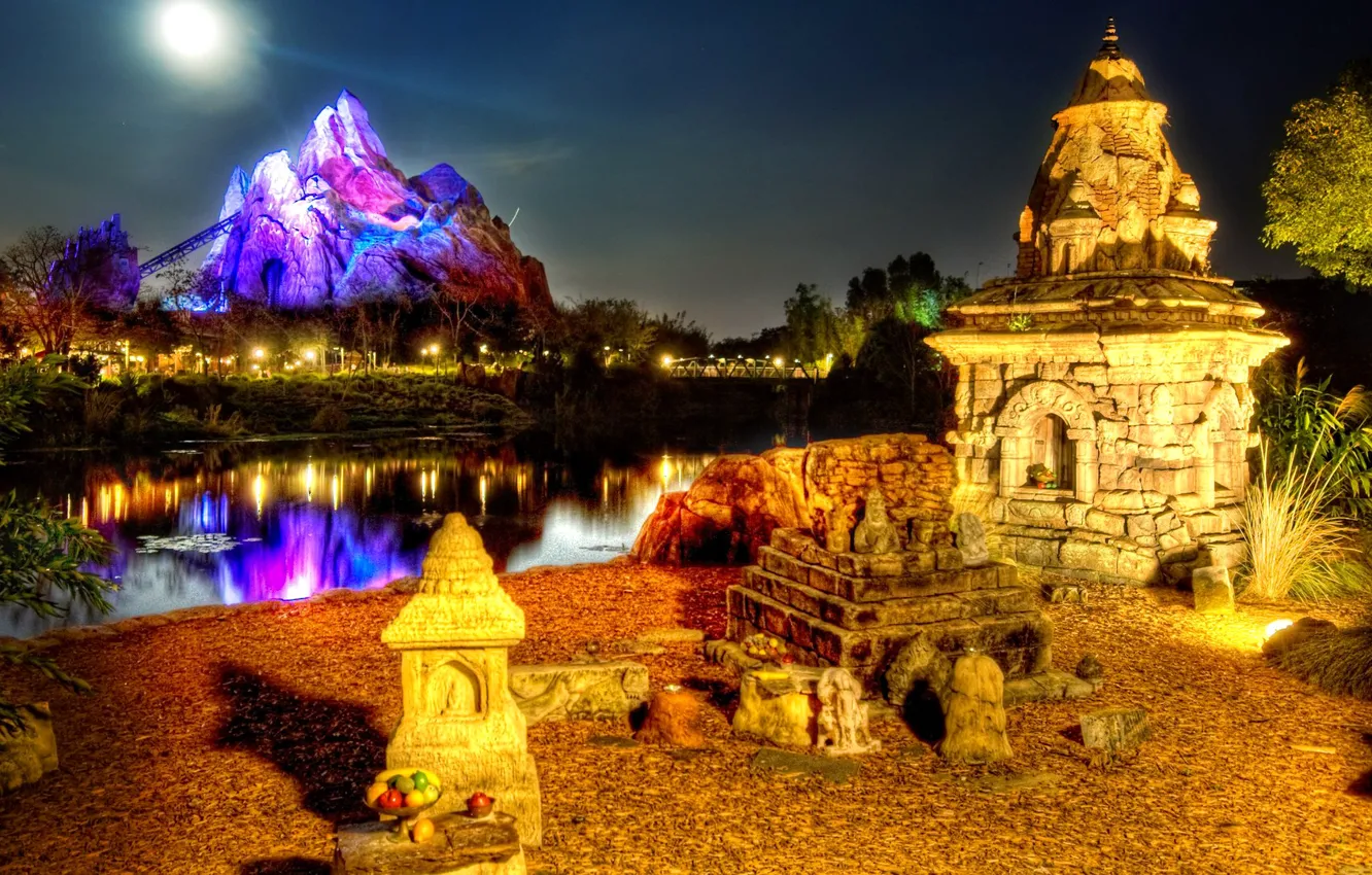 Photo wallpaper the sky, trees, mountains, night, lights, river, the moon, Asia