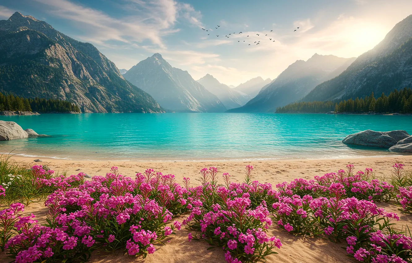 Photo wallpaper clouds, mountains, lake, shore, wallpaper, coast, mountains, clouds