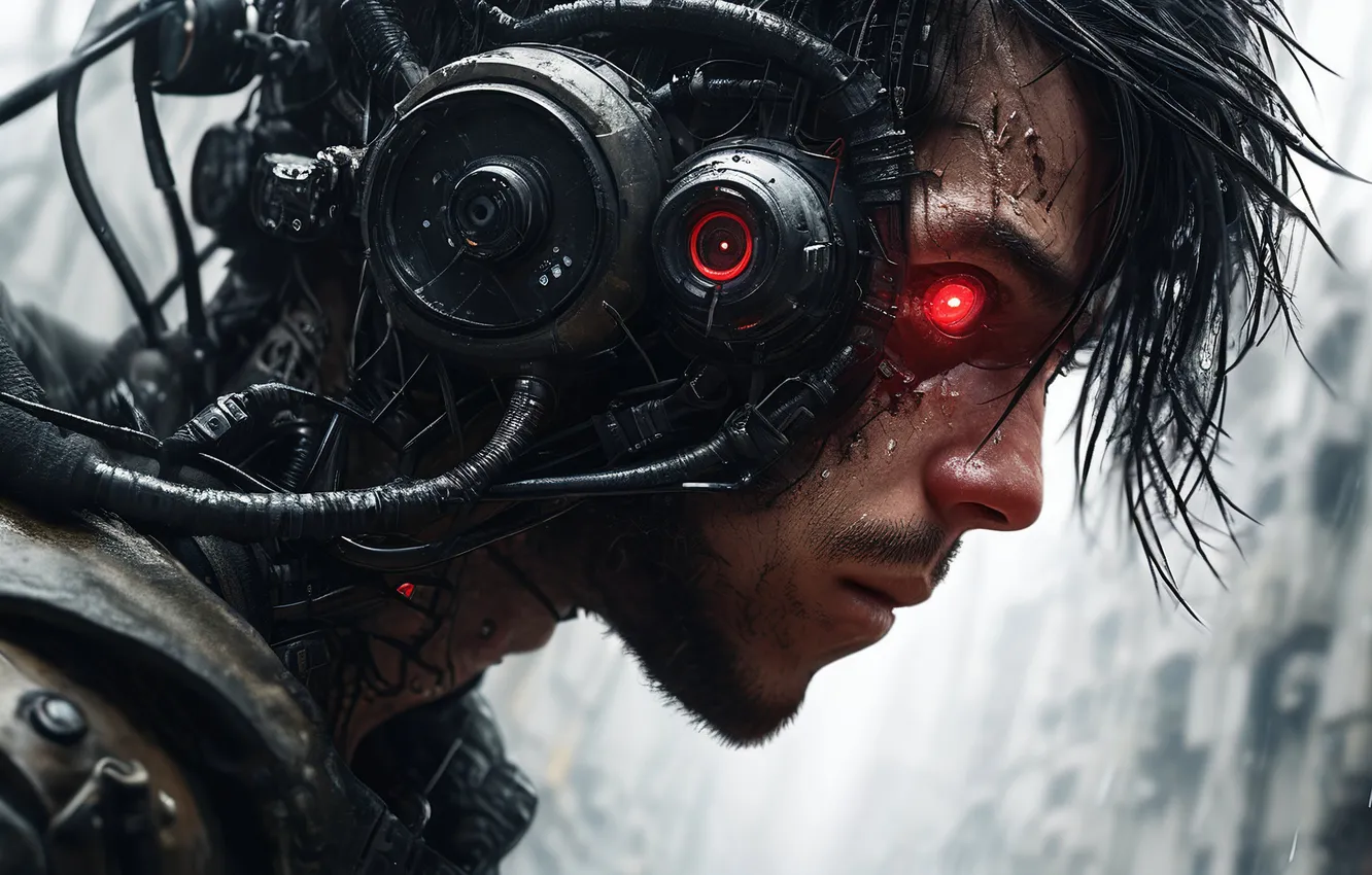 Photo wallpaper rain, guy, cyborg, red eye