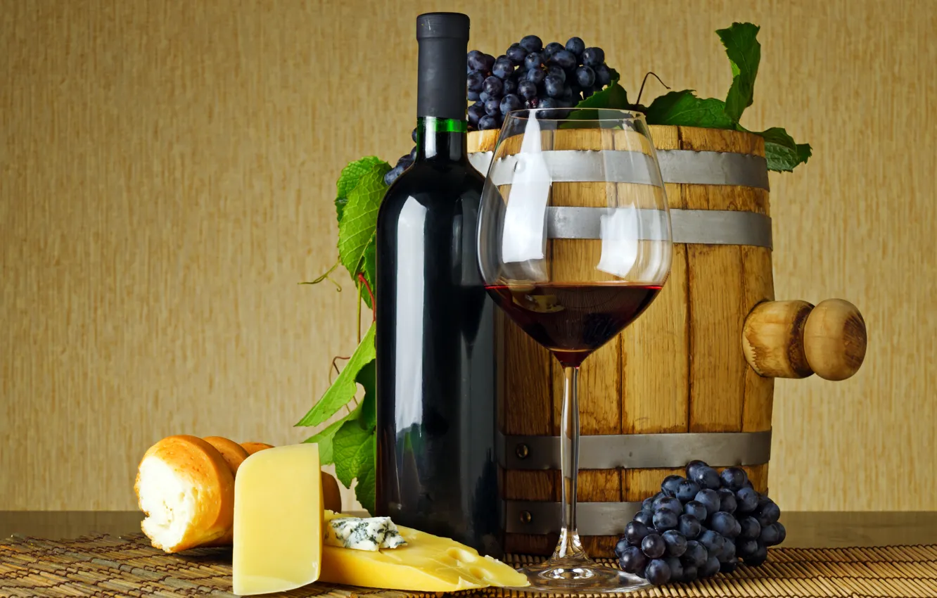 Photo wallpaper leaves, red, table, wine, glass, bottle, cheese, bread