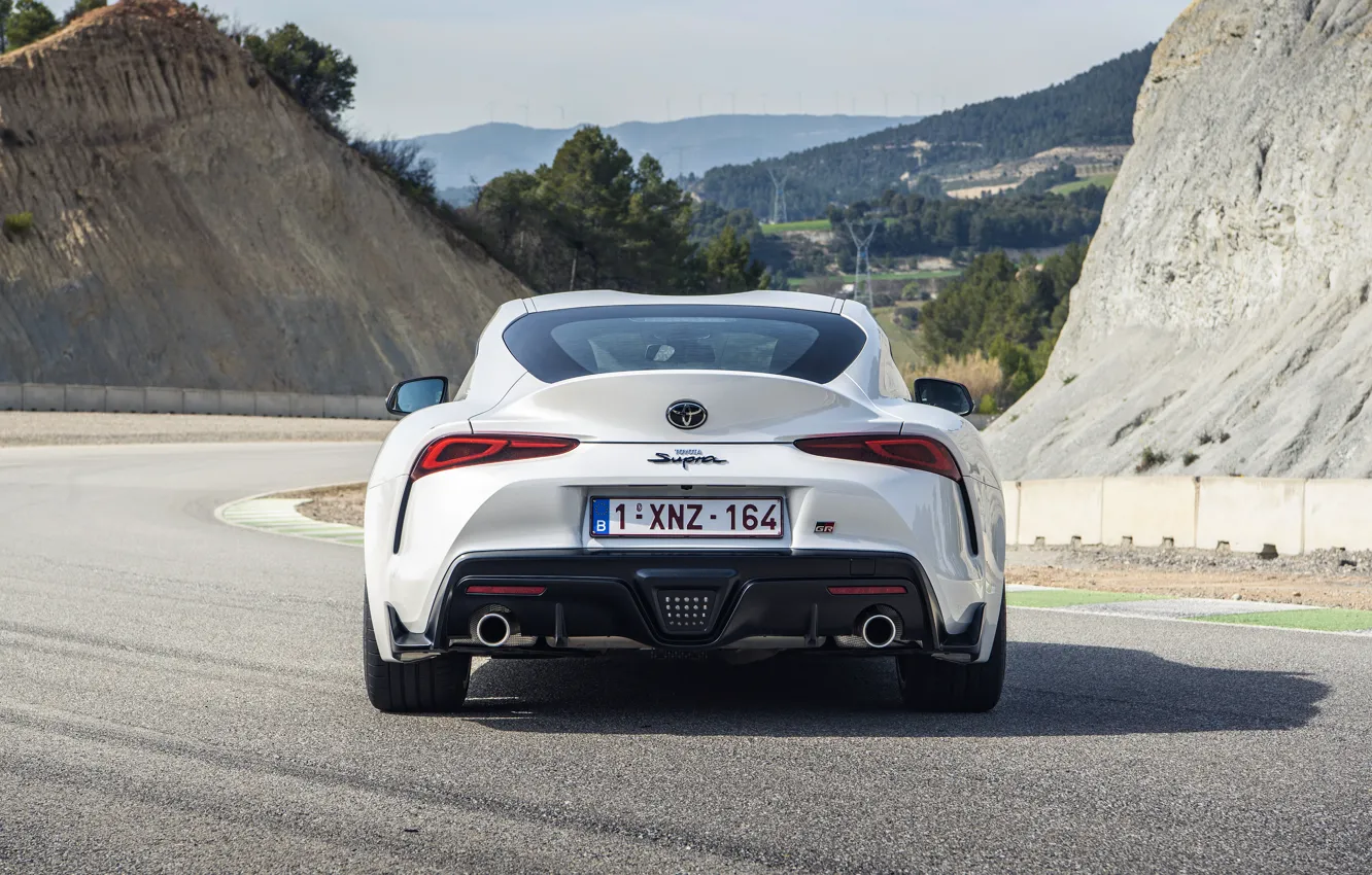 Photo wallpaper white, hills, coupe, back, Toyota, track, Supra, the fifth generation