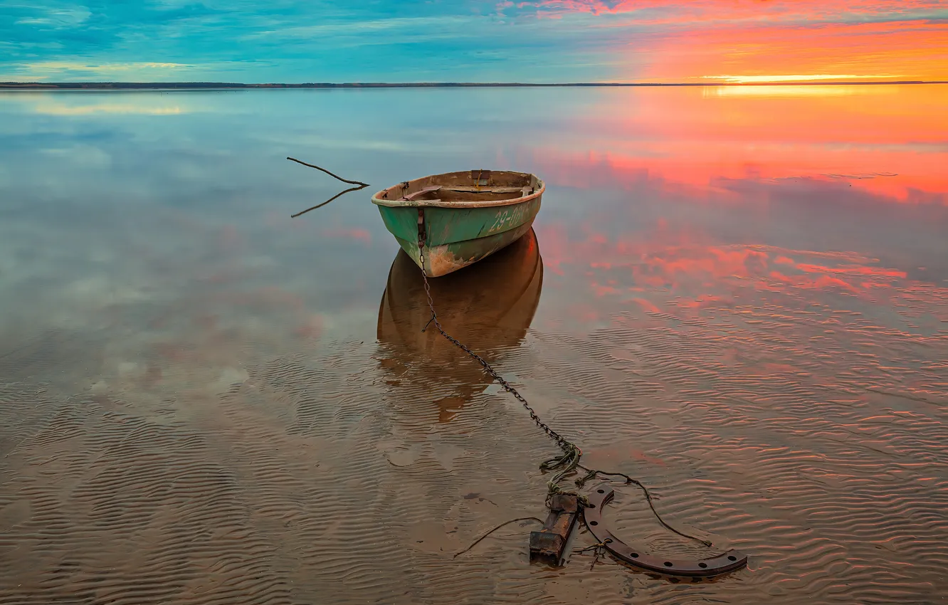 Photo wallpaper lake, reflection, boat, beauty, the evening, horizon, chain, Gennady Vasenkov